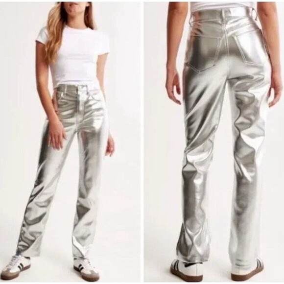 Abercrombie And Fitch High Rise the 90’s Relaxed Leather Pants Silver Glam 4 NWT - Picture 2 of 12